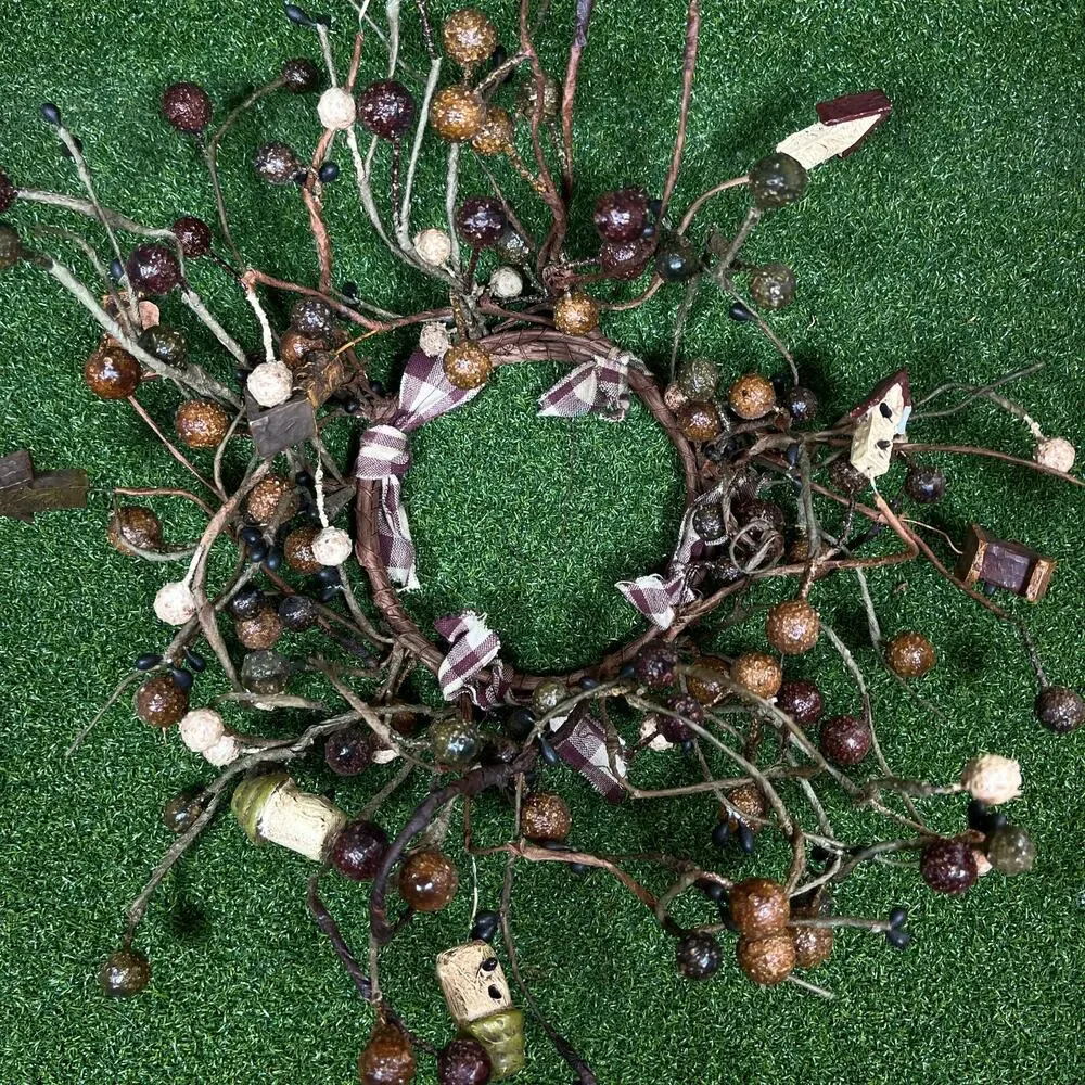 Primitive Folk Art Candle Ring Wreath Berries Acorns Birdhouses Homespun Country